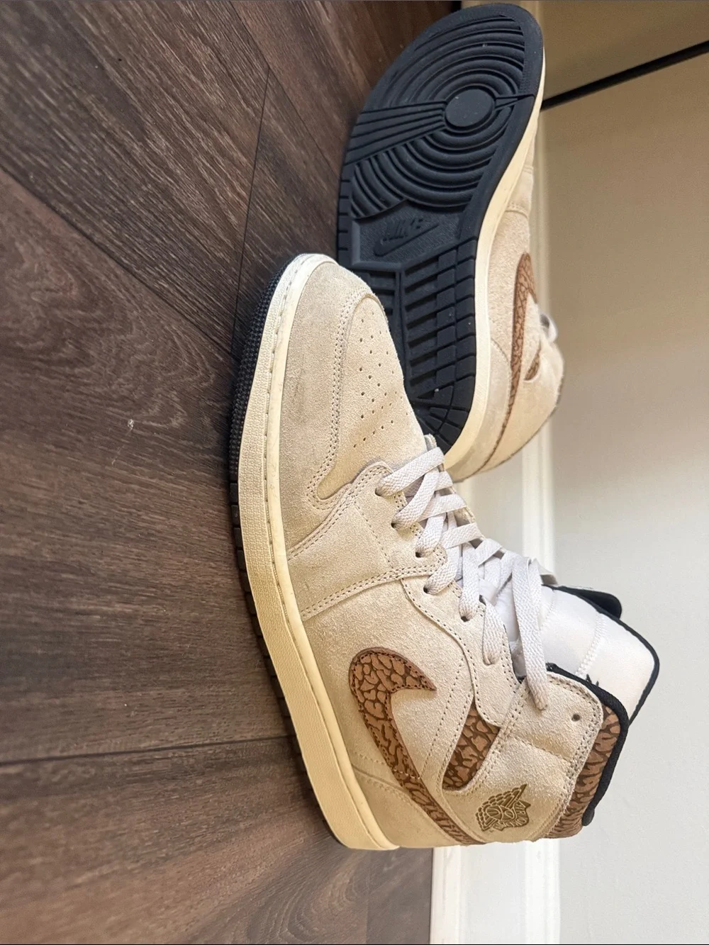 Jordan High-Top Sneakers in Beige with Brown Swoosh